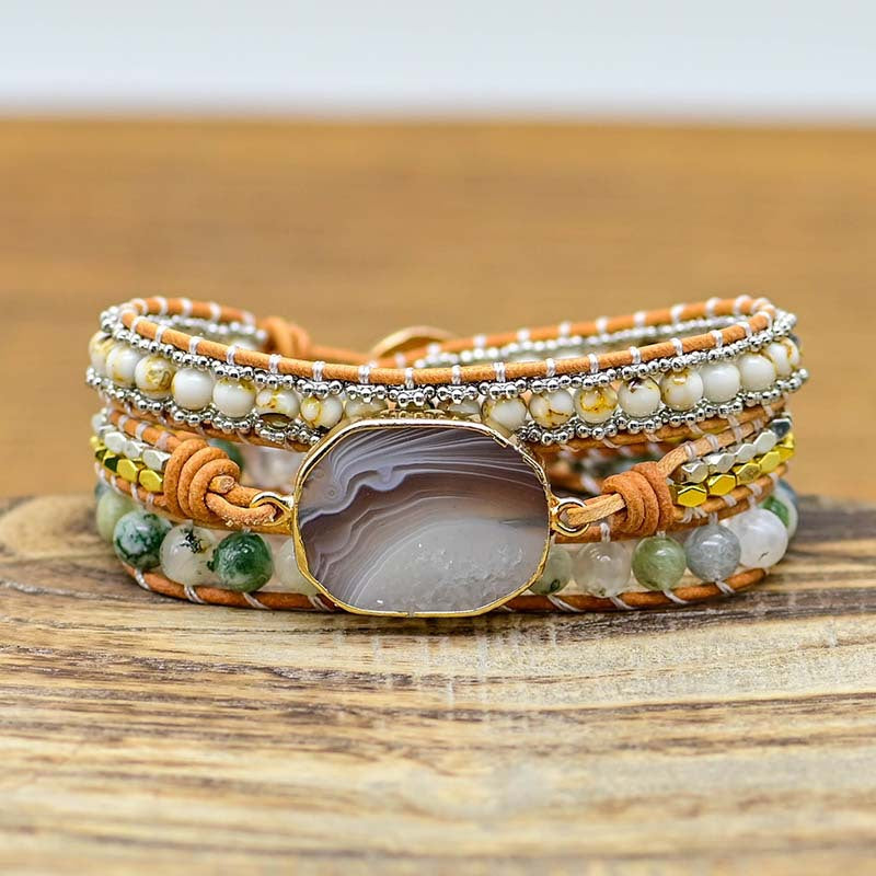 Multi-Strand Beaded Wrap Bracelet with Natural Stone Centerpiece