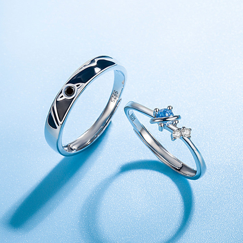 Protective Symbol Couple Ring Set in Sterling Silver – Blue Heart Accent