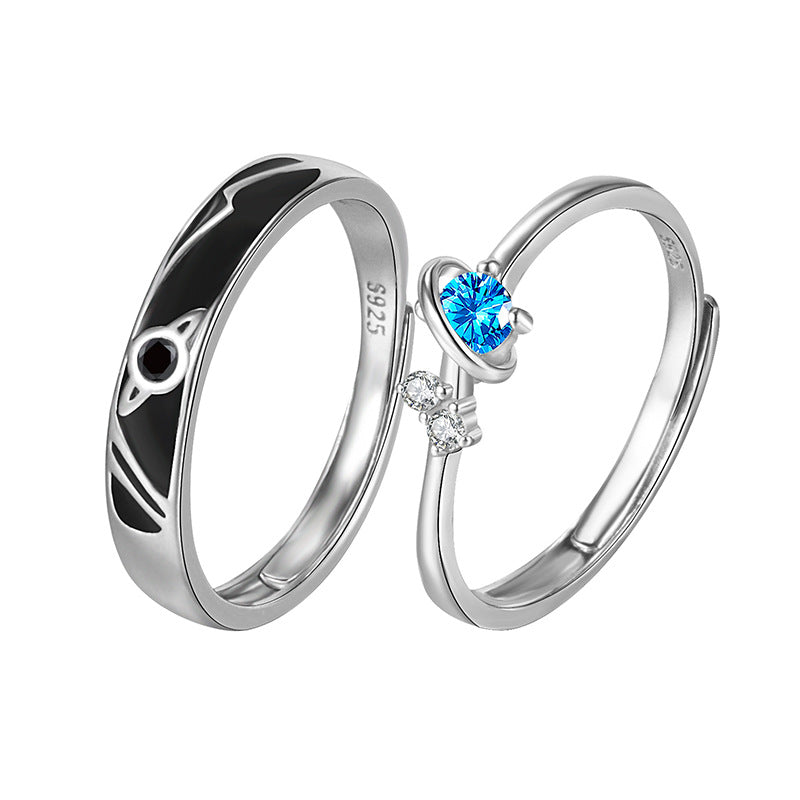 Protective Symbol Couple Ring Set in Sterling Silver – Blue Heart Accent