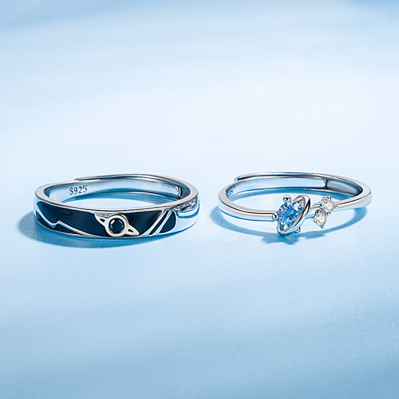 Protective Symbol Couple Ring Set in Sterling Silver – Blue Heart Accent