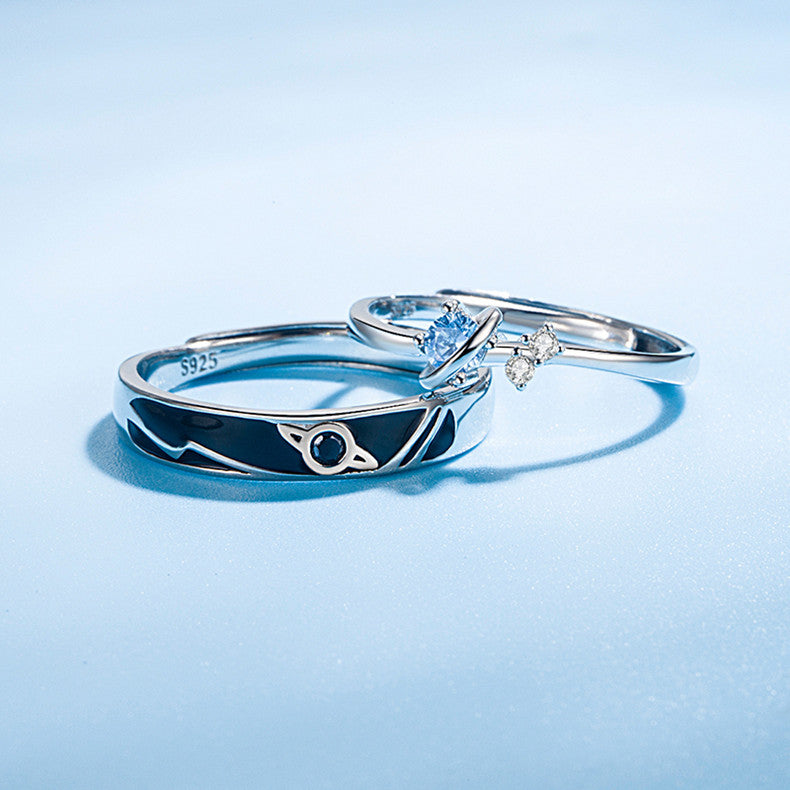 Protective Symbol Couple Ring Set in Sterling Silver – Blue Heart Accent