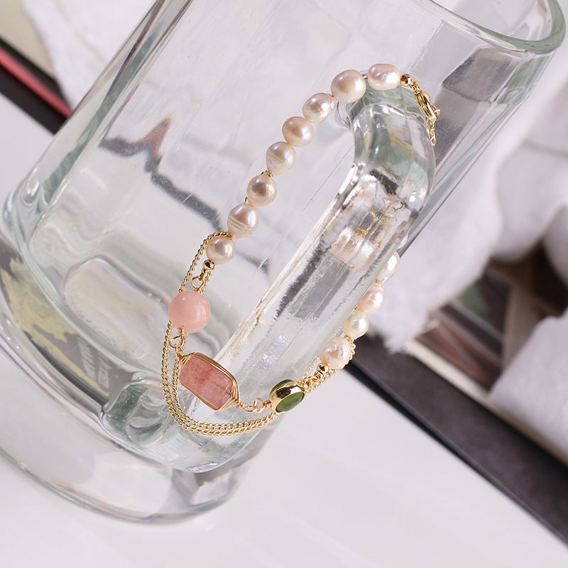 Elegant Gold Chain Bracelet with Natural Stone & Pearl Accents