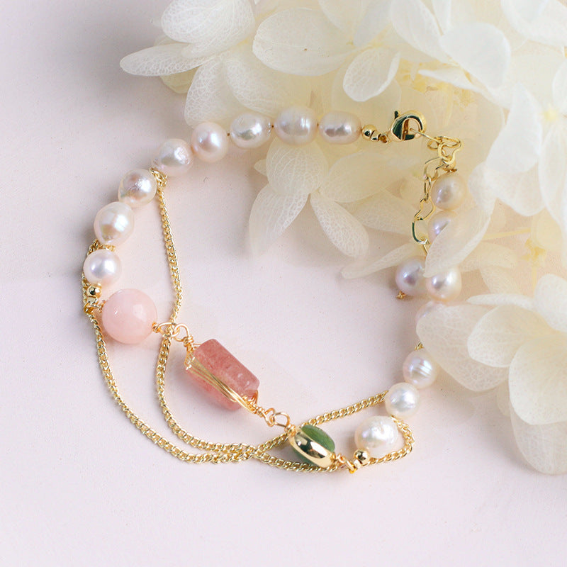 Elegant Gold Chain Bracelet with Natural Stone & Pearl Accents