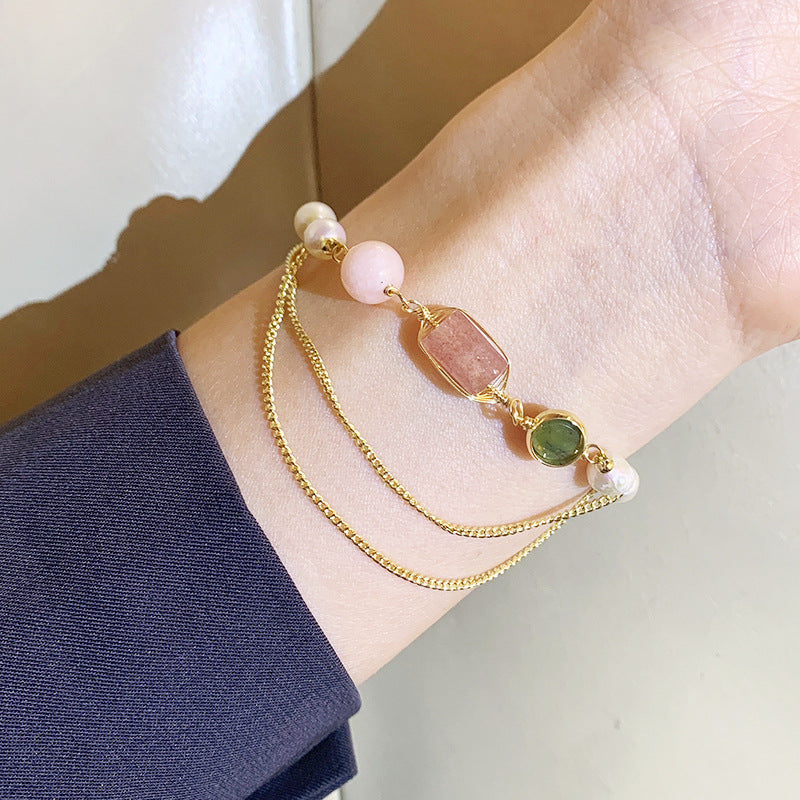 Elegant Gold Chain Bracelet with Natural Stone & Pearl Accents