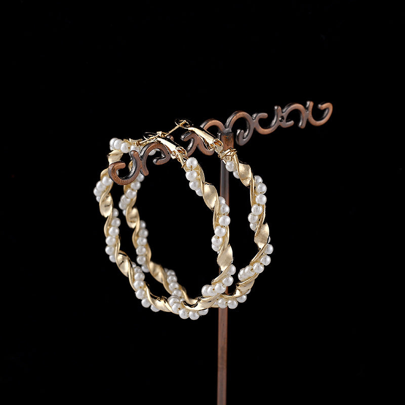Elegant Twisted Gold Pearl Hoop Earrings