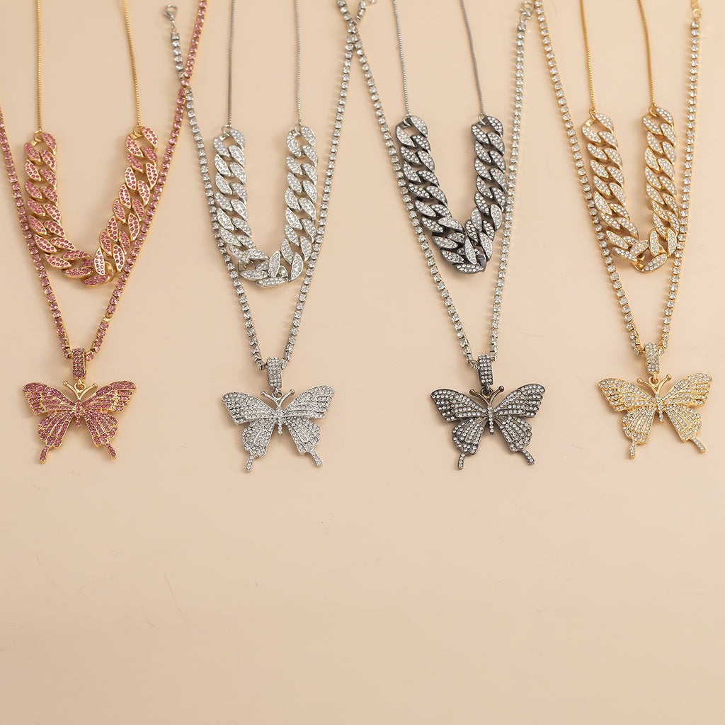 Crystal Butterfly Layered Chain Necklace
