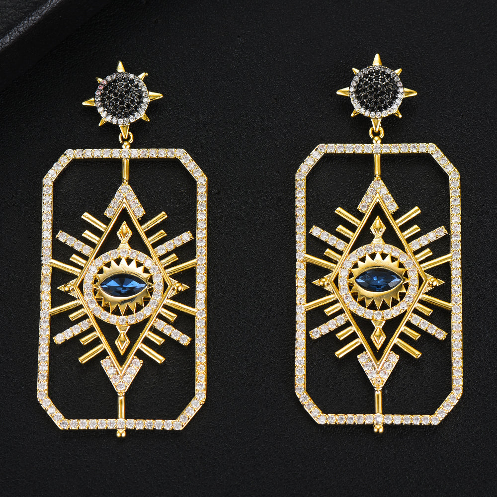 Blue Sunburst Eye Geometric Drop Earrings