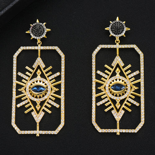 Blue Sunburst Eye Geometric Drop Earrings