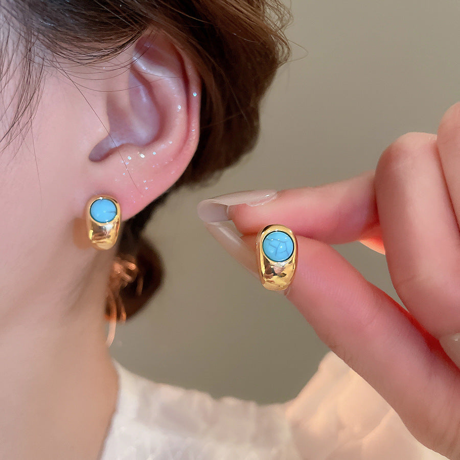 Gold Hoop Stud Earrings with Turquoise Stone