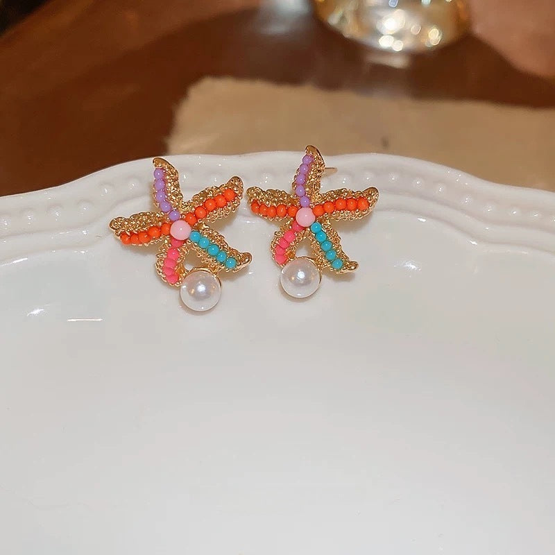 Colorful Starfish Stud Earrings with Pearl Drop