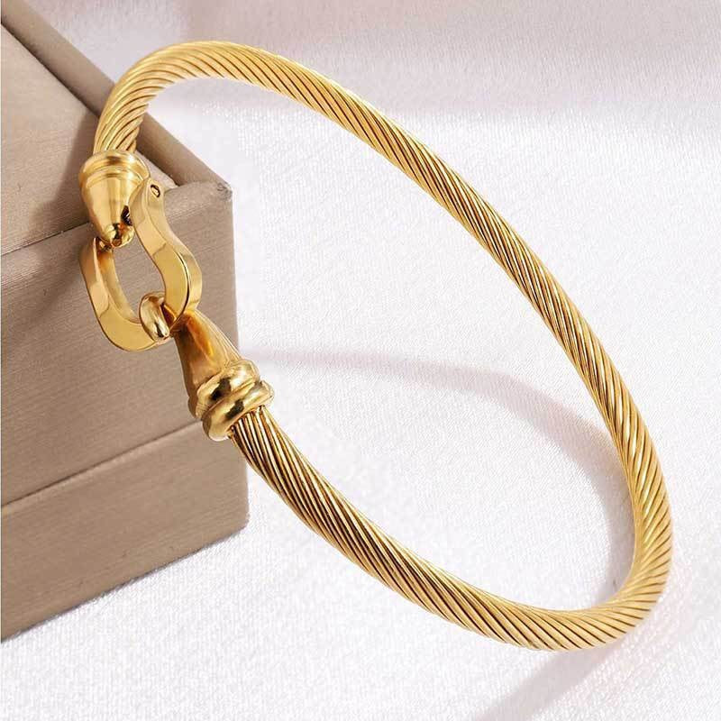 Gold Heart Charm Cable Bangle Bracelet