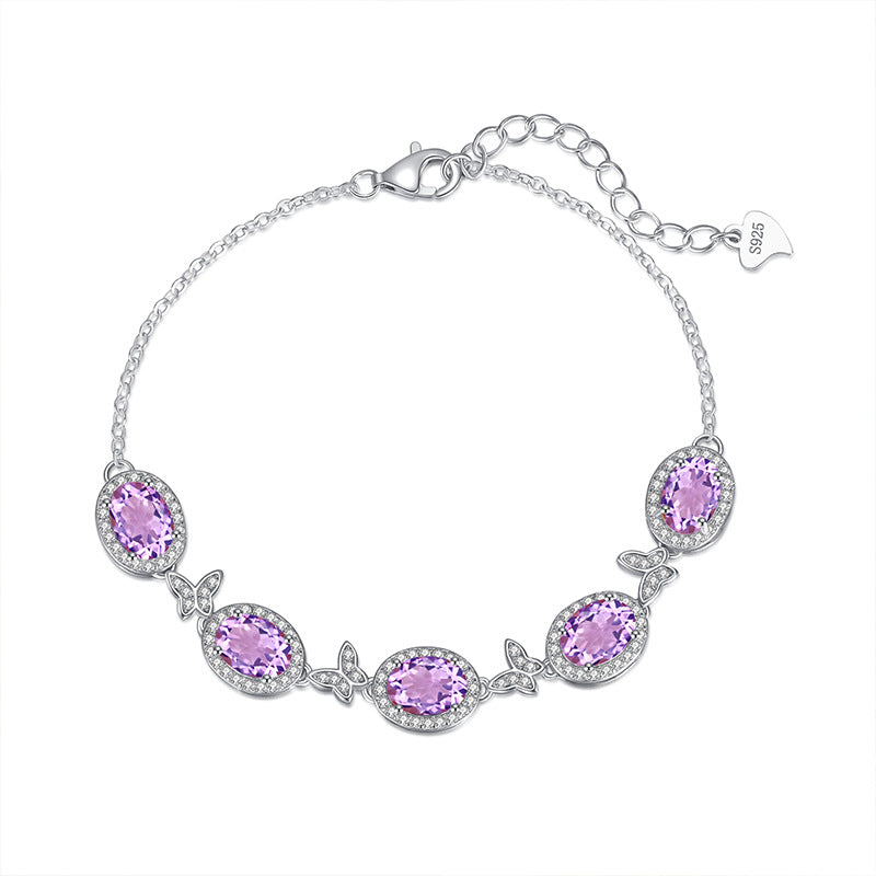 Sterling Silver Butterfly Bracelet with Natural Crystal Inlay