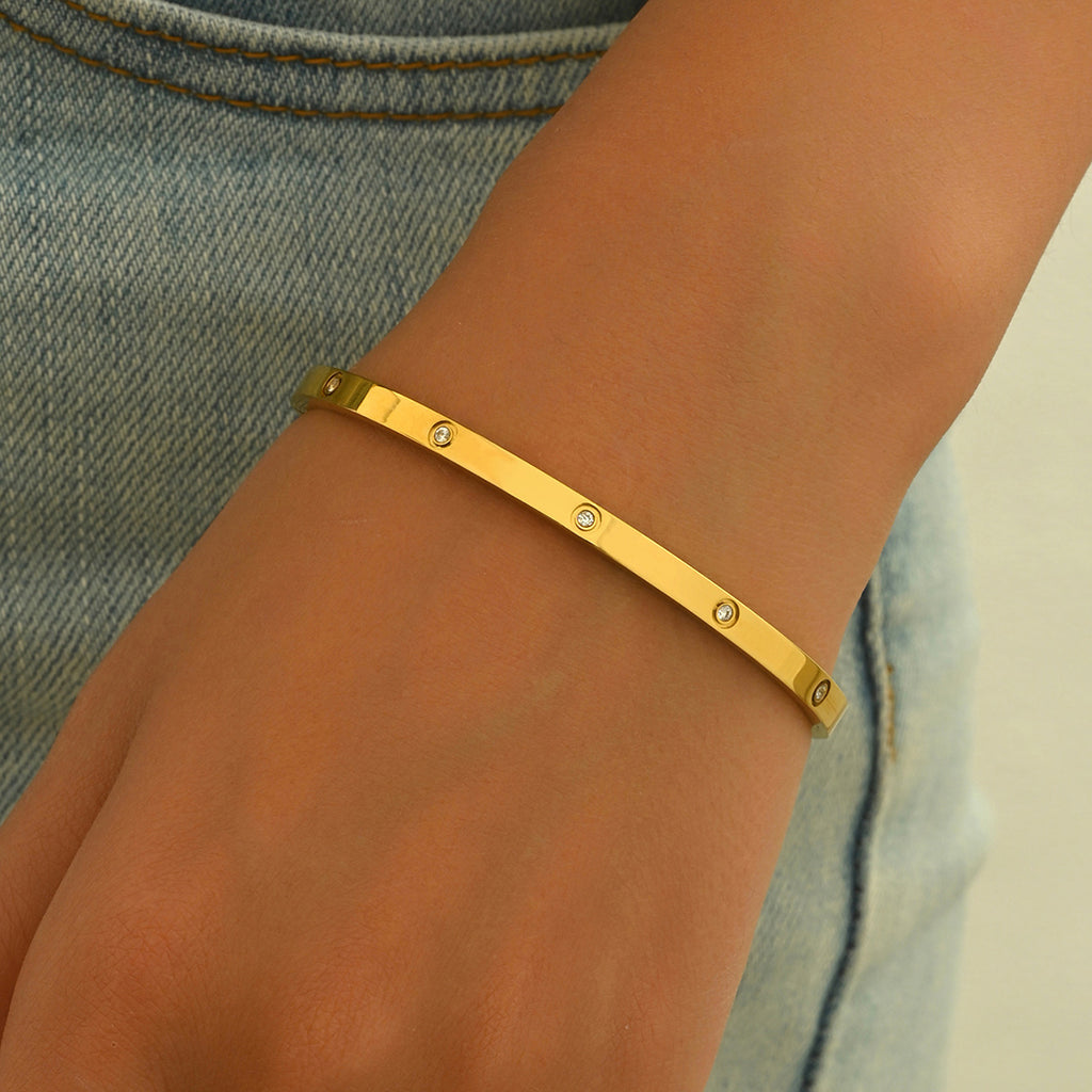Minimalist Gold-Tone Bangle Bracelet with Crystal Accents