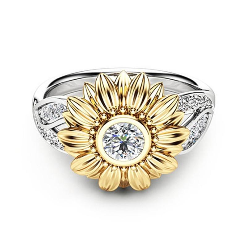 Sunflower Halo Ring – Two-Tone Floral Crystal Statement Band