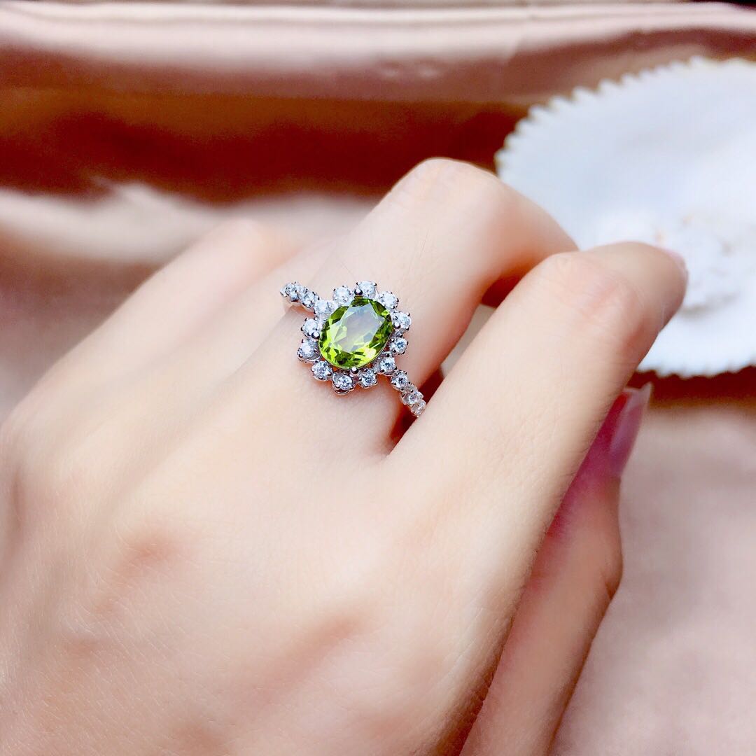 Olivine Crystal Pendant, Earrings & Ring with Sparkling Halo Design