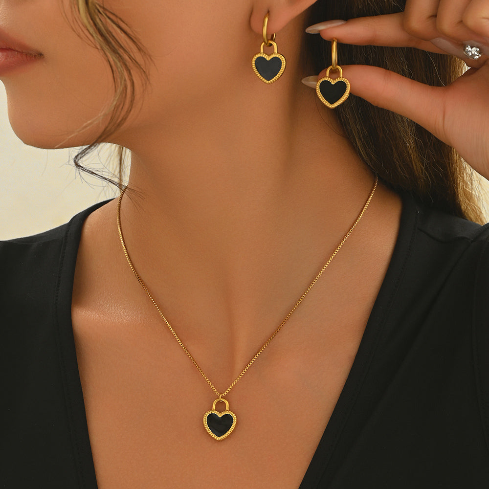 Heart Pendant Necklace & Earring Set with Classic Contrast Design