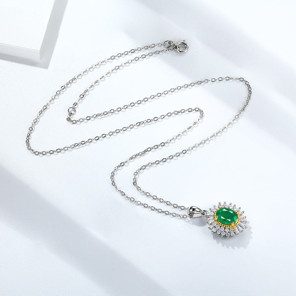 Natural Emerald Halo Pendant Necklace
