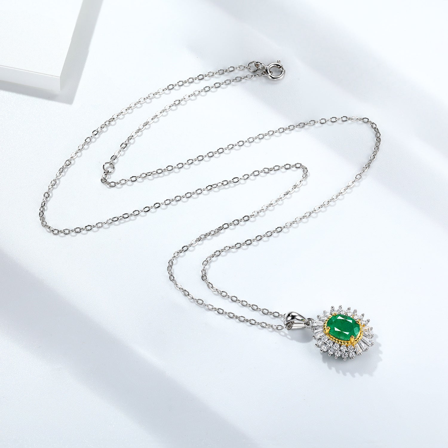 Natural Emerald Halo Pendant Necklace