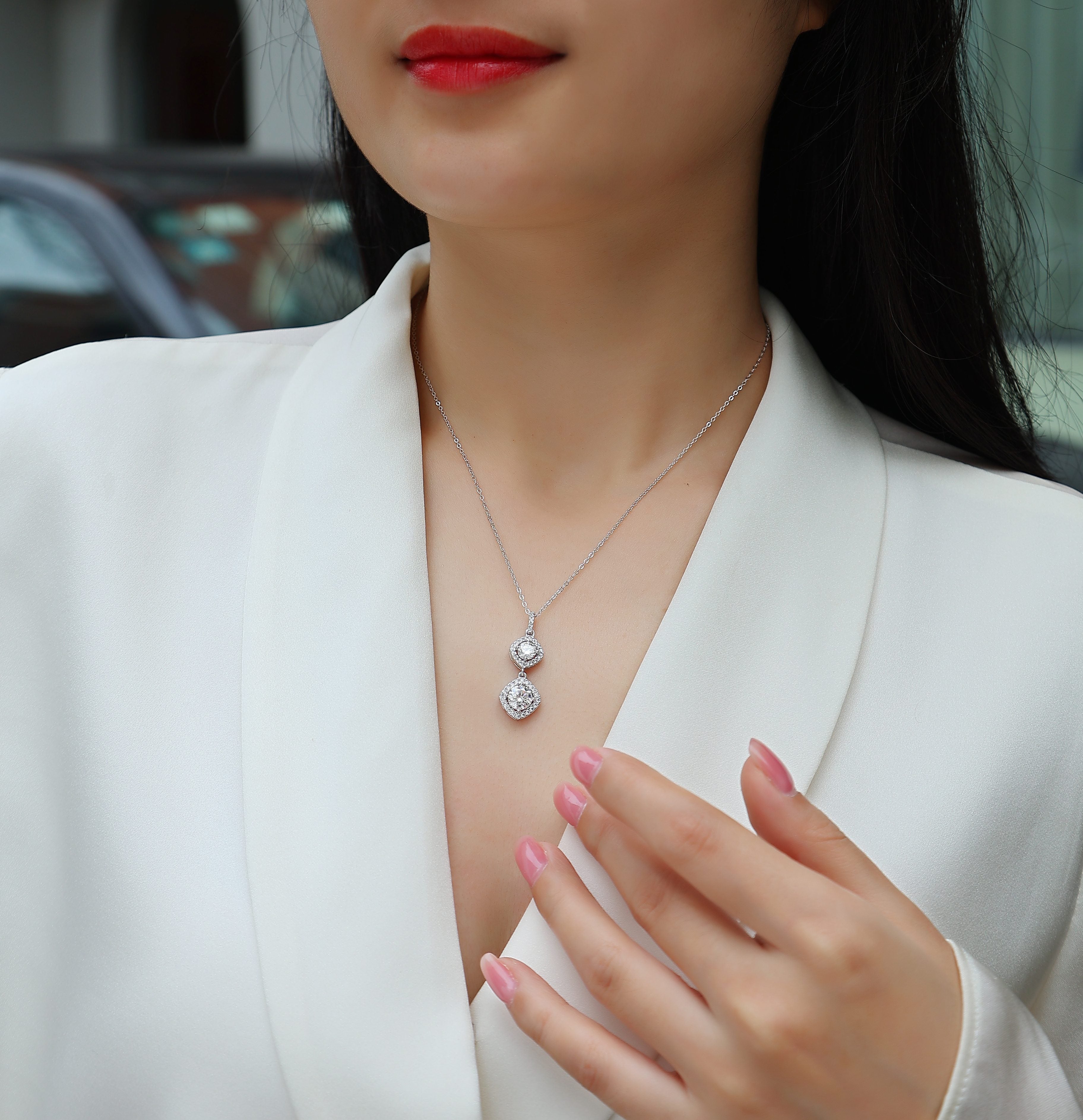 Double Halo Cushion-Cut Crystal Pendant Necklace