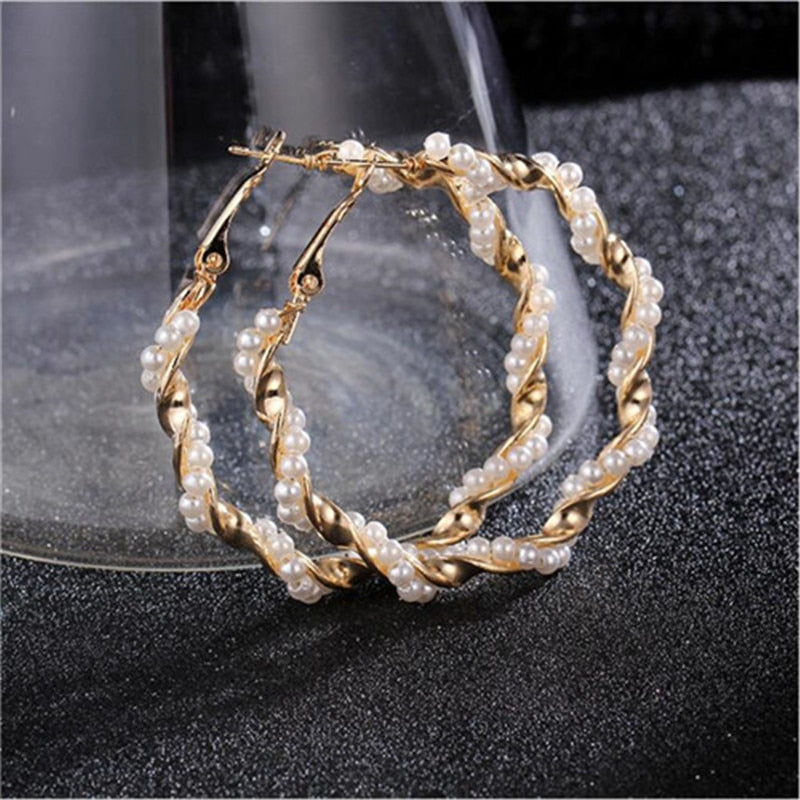 Elegant Twisted Gold Pearl Hoop Earrings