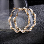 Elegant Twisted Gold Pearl Hoop Earrings