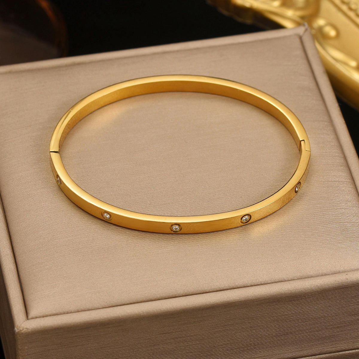 Minimalist Gold-Tone Bangle Bracelet with Crystal Accents