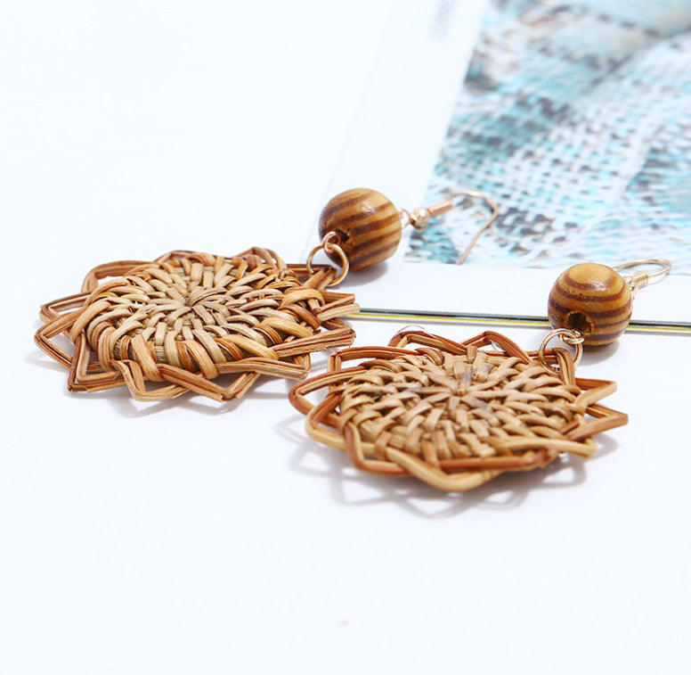 Handmade Rattan Earrings with Natural Woven Flower Design