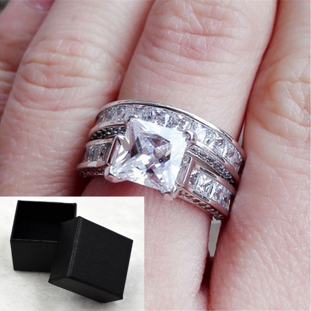 Princess Cut Engagement Ring Set – Triple Band Pavé Design