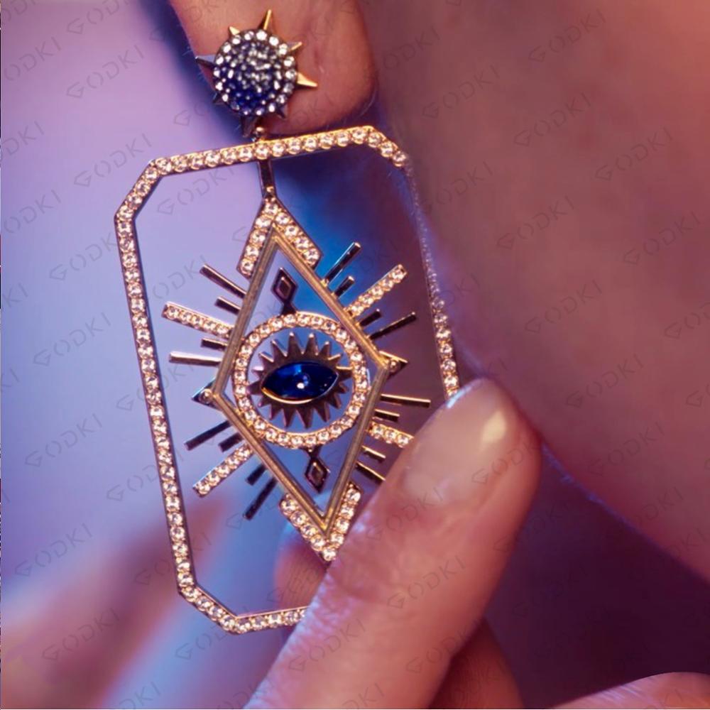 Blue Sunburst Eye Geometric Drop Earrings