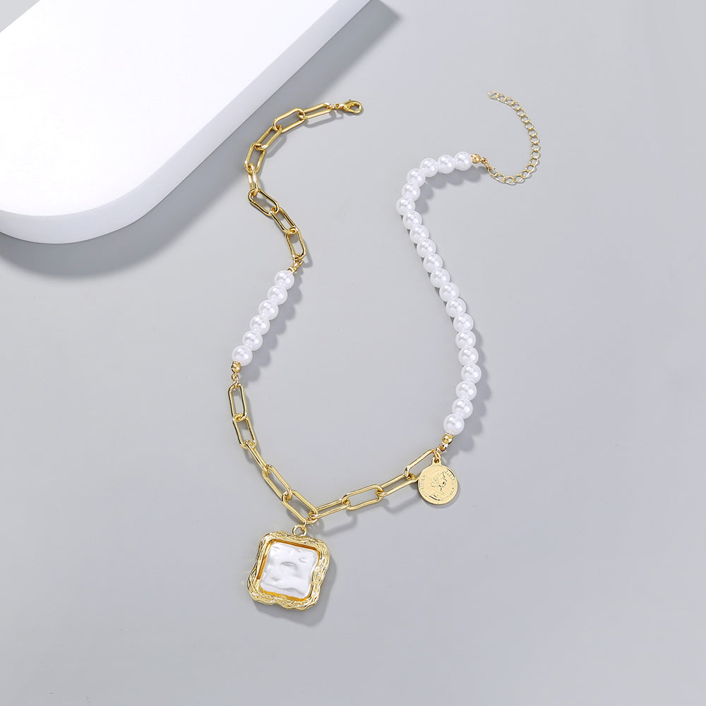 Gold Chain & Pearl Necklace with Square Pearl Pendant – Elegant Modern Statement Jewelry