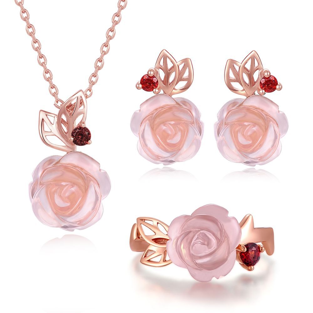 Flower Rose Quartz Gemstone Jewelry Set