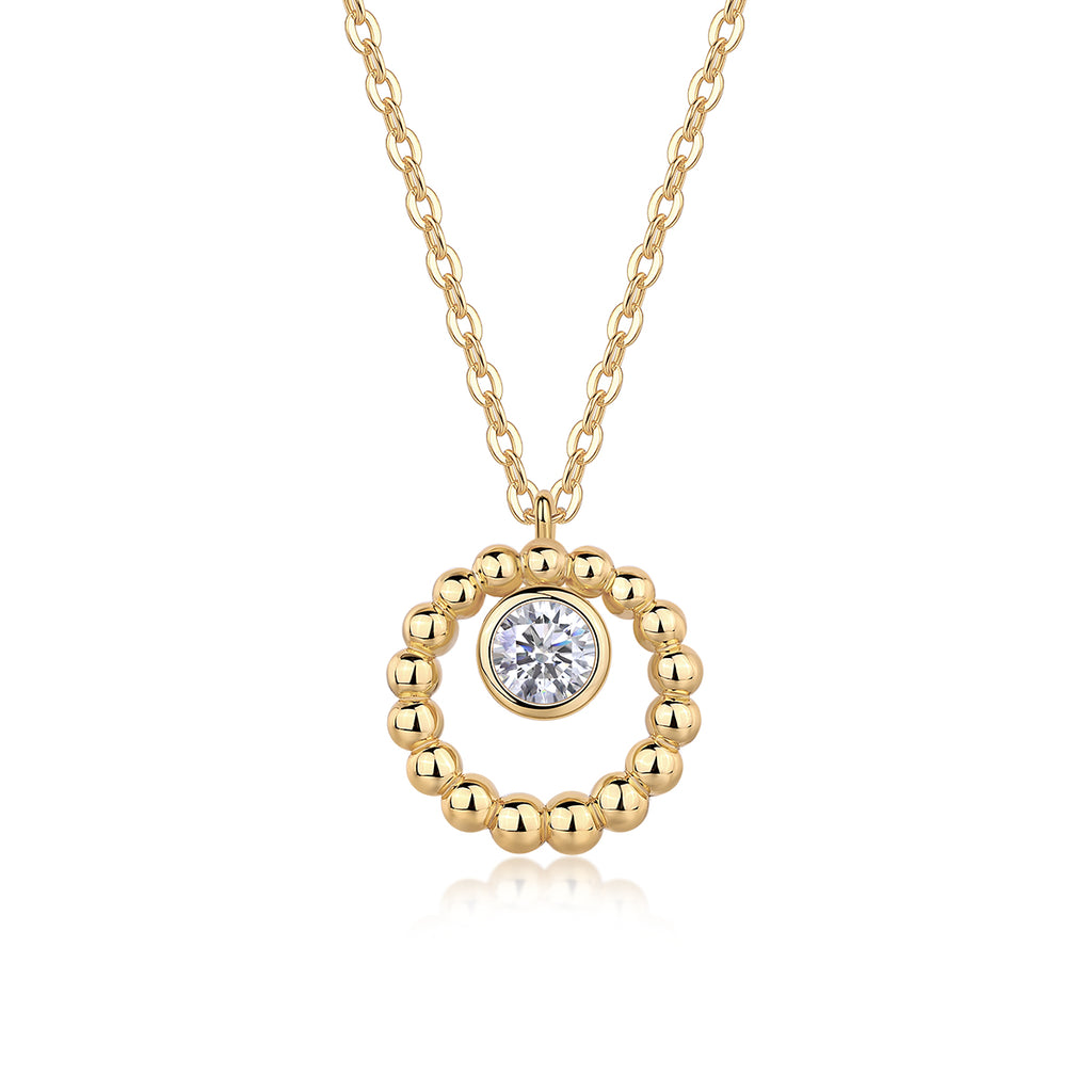 Gold Beaded Circle Necklace with Solitaire Crystal