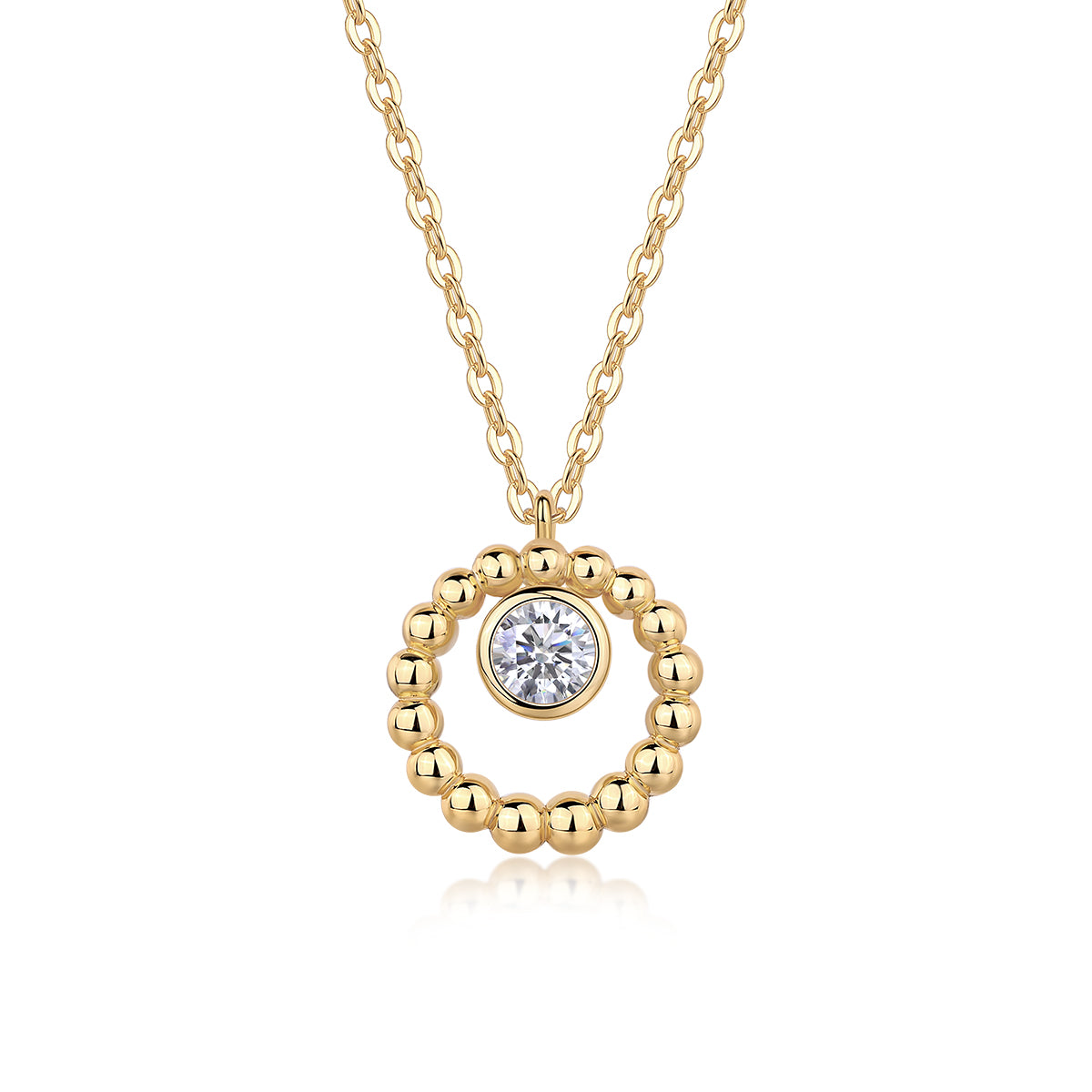 Gold Beaded Circle Necklace with Solitaire Crystal