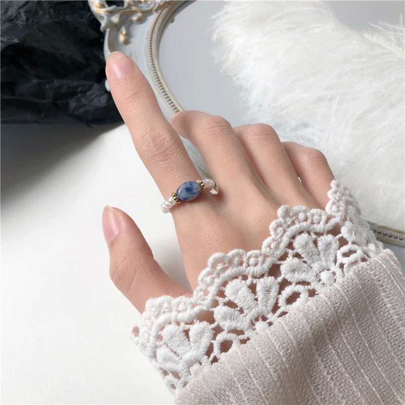 Pearl Beaded Adjustable Ring – Natural Stone Accent Band