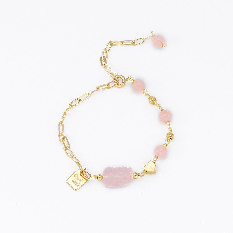 Asymmetrical Chain Bracelet with Natural Stone and Heart Detail