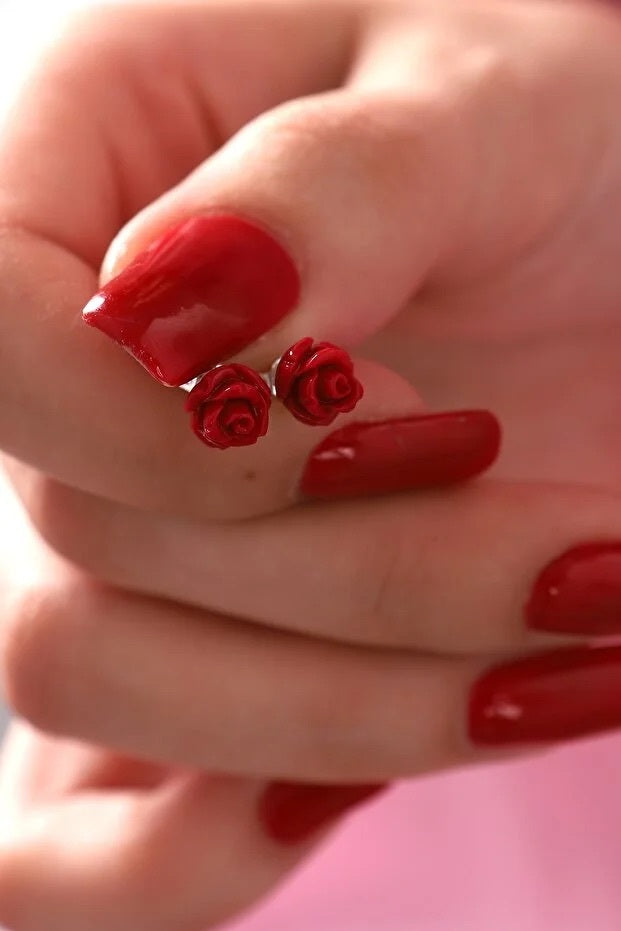 Red Rose Stud Earrings in Gold Tone