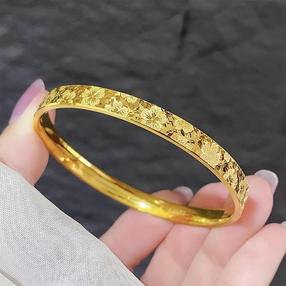 Floral Engraved Slim Bangle Bracelet with Delicate Patterning
