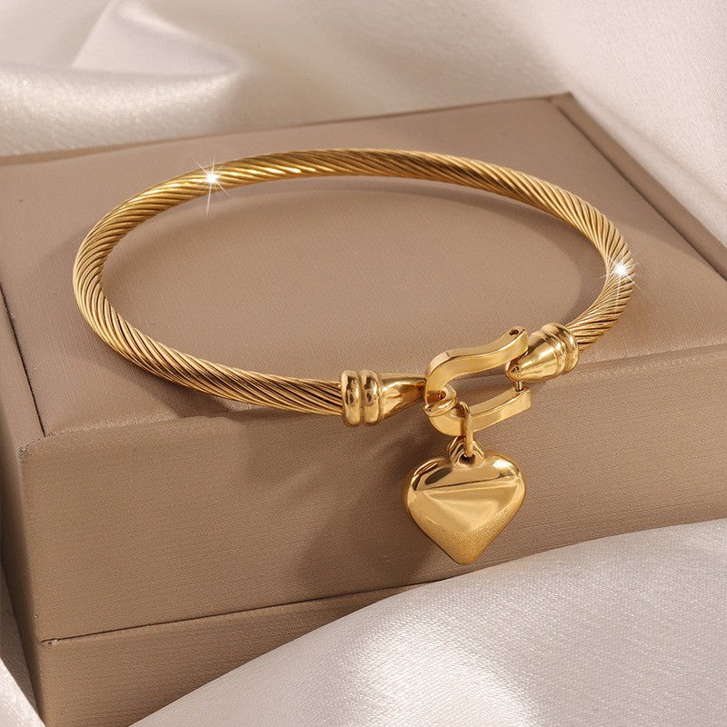 Gold Heart Charm Cable Bangle Bracelet