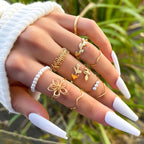 Boho Gold Stacking Ring Set – Floral & Pearl Detail Bands