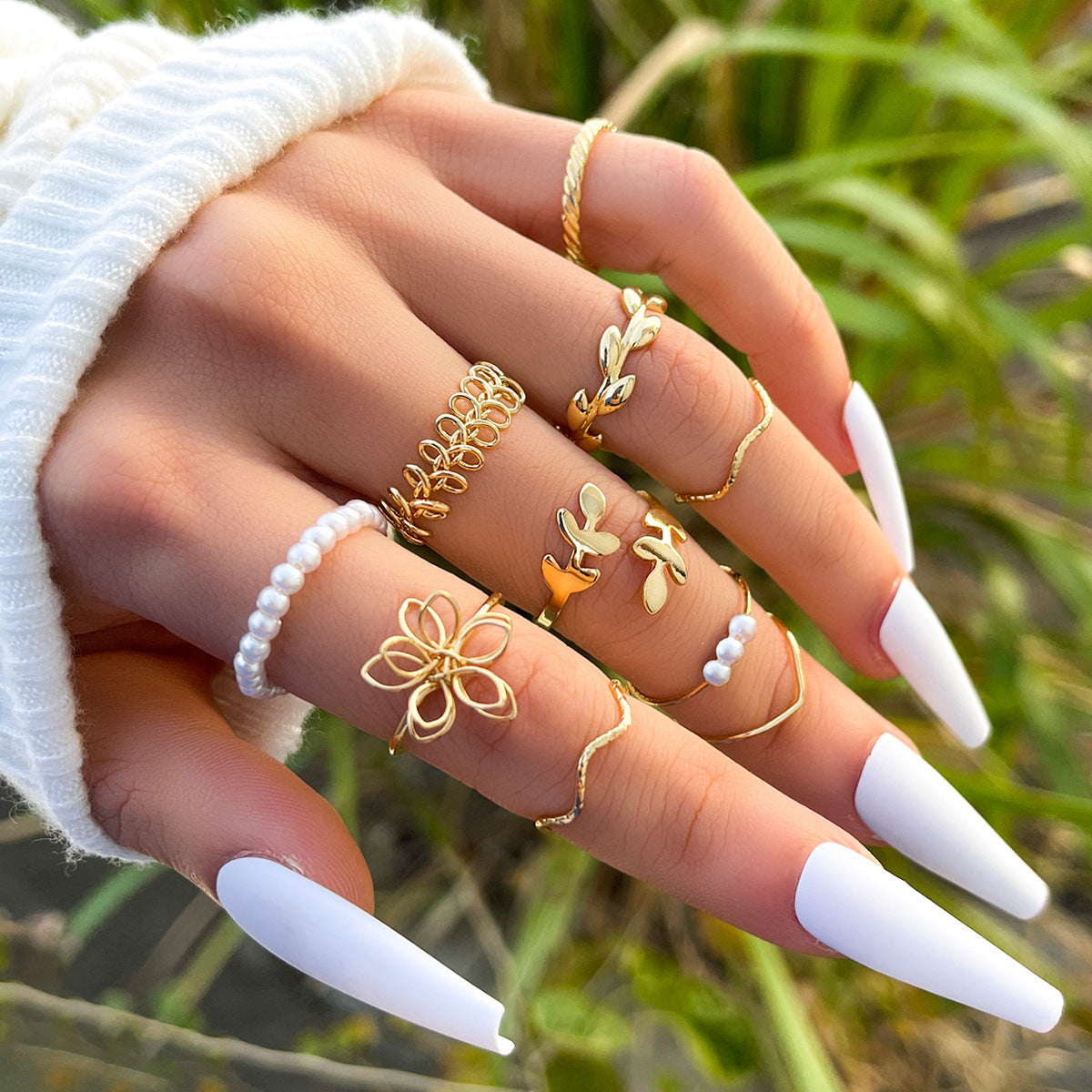 Boho Gold Stacking Ring Set – Floral & Pearl Detail Bands