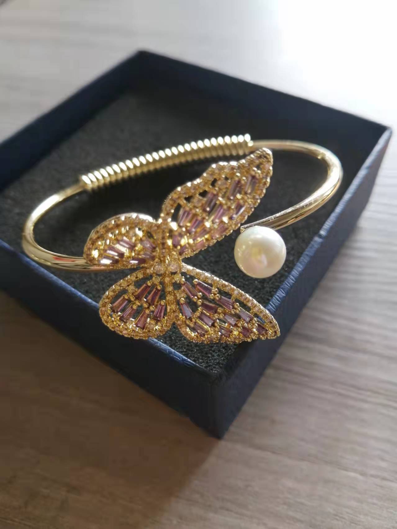 Butterfly Motif Open Cuff Bracelet with Delicate Crystal Detail