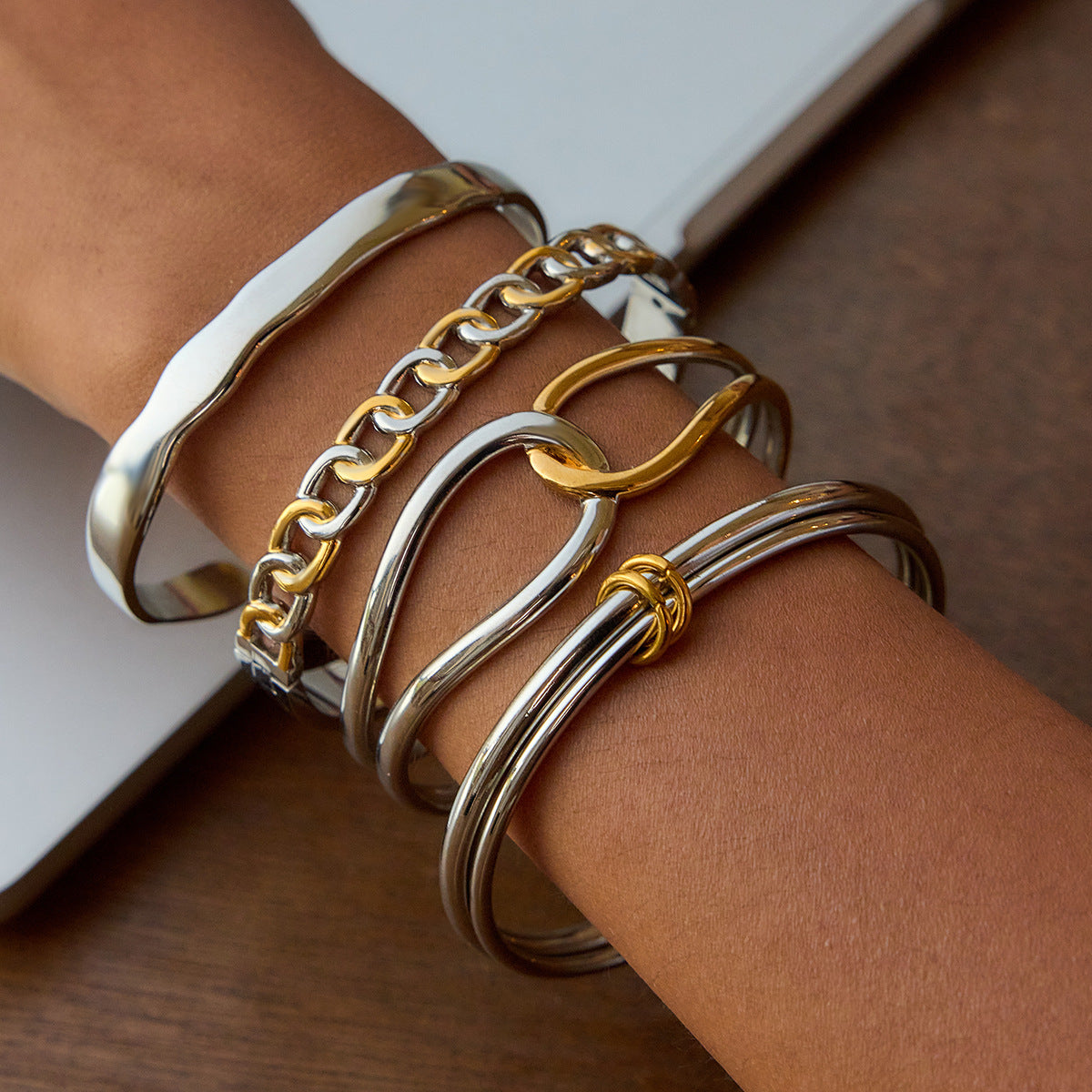 Mixed-Form Bangle and Cuff Bracelet Collection with Modern Contrast