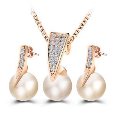 Rose Gold Pearl Necklace & Earrings Set – Crystal Accent Drop Jewelry Set for Women