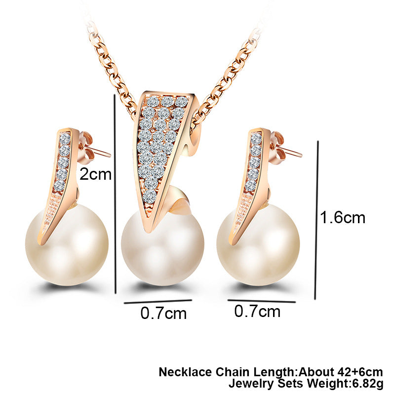 Rose Gold Pearl Necklace & Earrings Set – Crystal Accent Drop Jewelry Set for Women