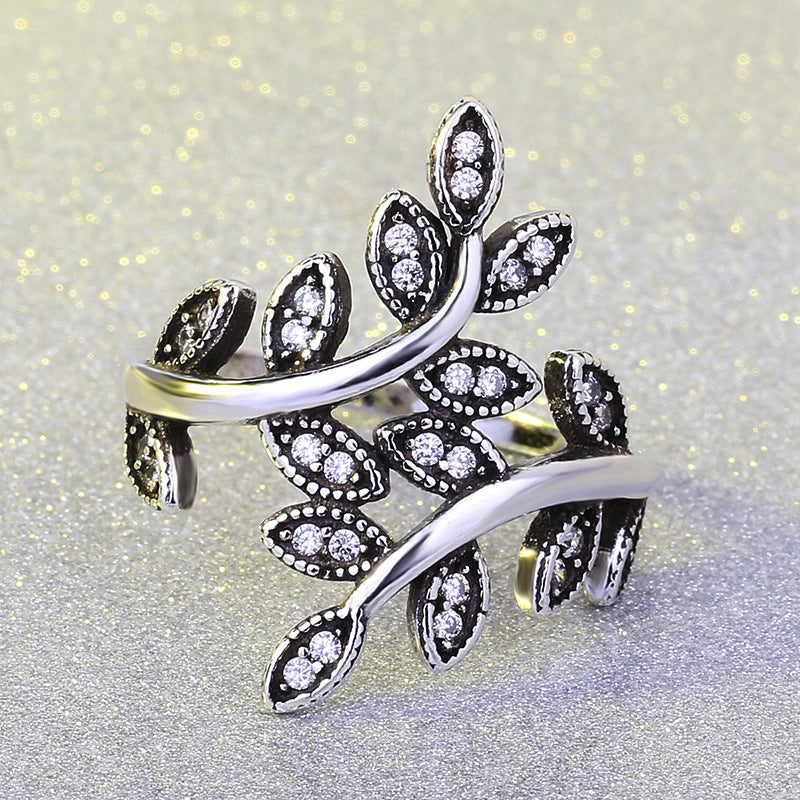 Vintage Leaf Wrap Ring – Marquise Crystal Adjustable Band