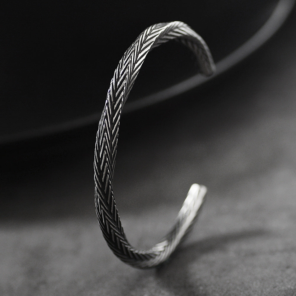 Herringbone Pattern Open Cuff Bracelet with Textured Finish
