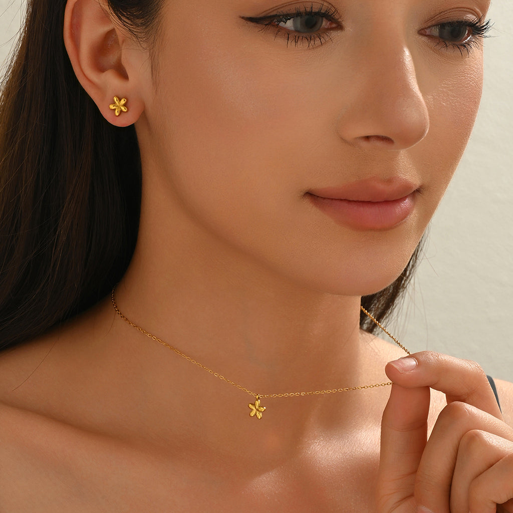 Minimal Floral Stud Earrings & Petite Pendant Necklace Set