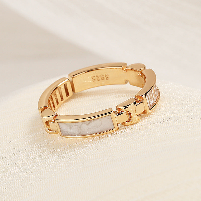 Modern Geometric Gold Link Adjustable Ring with Baguette Accents