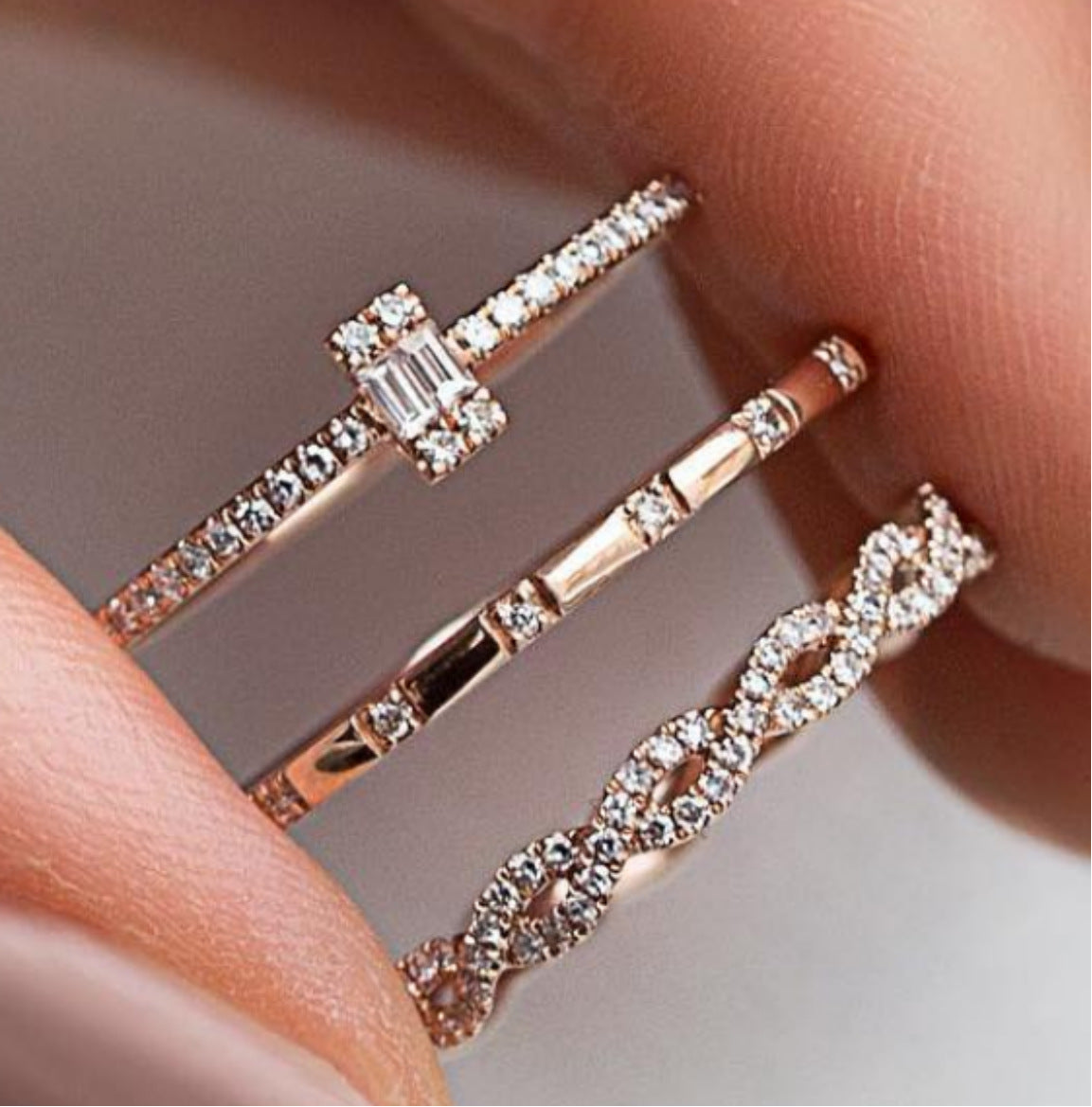 Rose Gold Stackable Pavé Ring Set – 3-Piece Minimal Diamond Bands