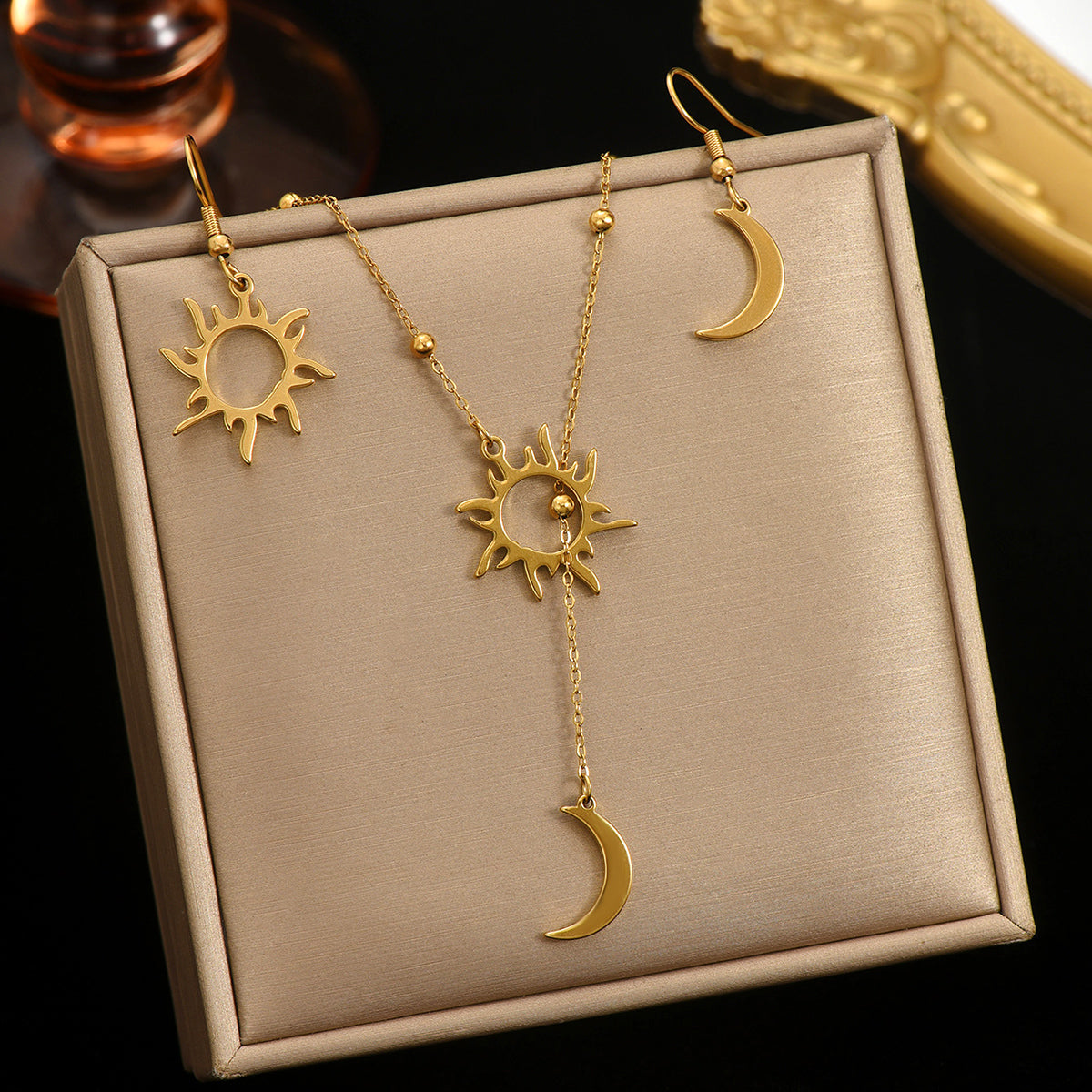 Celestial Sun & Moon Necklace with Matching Earrings